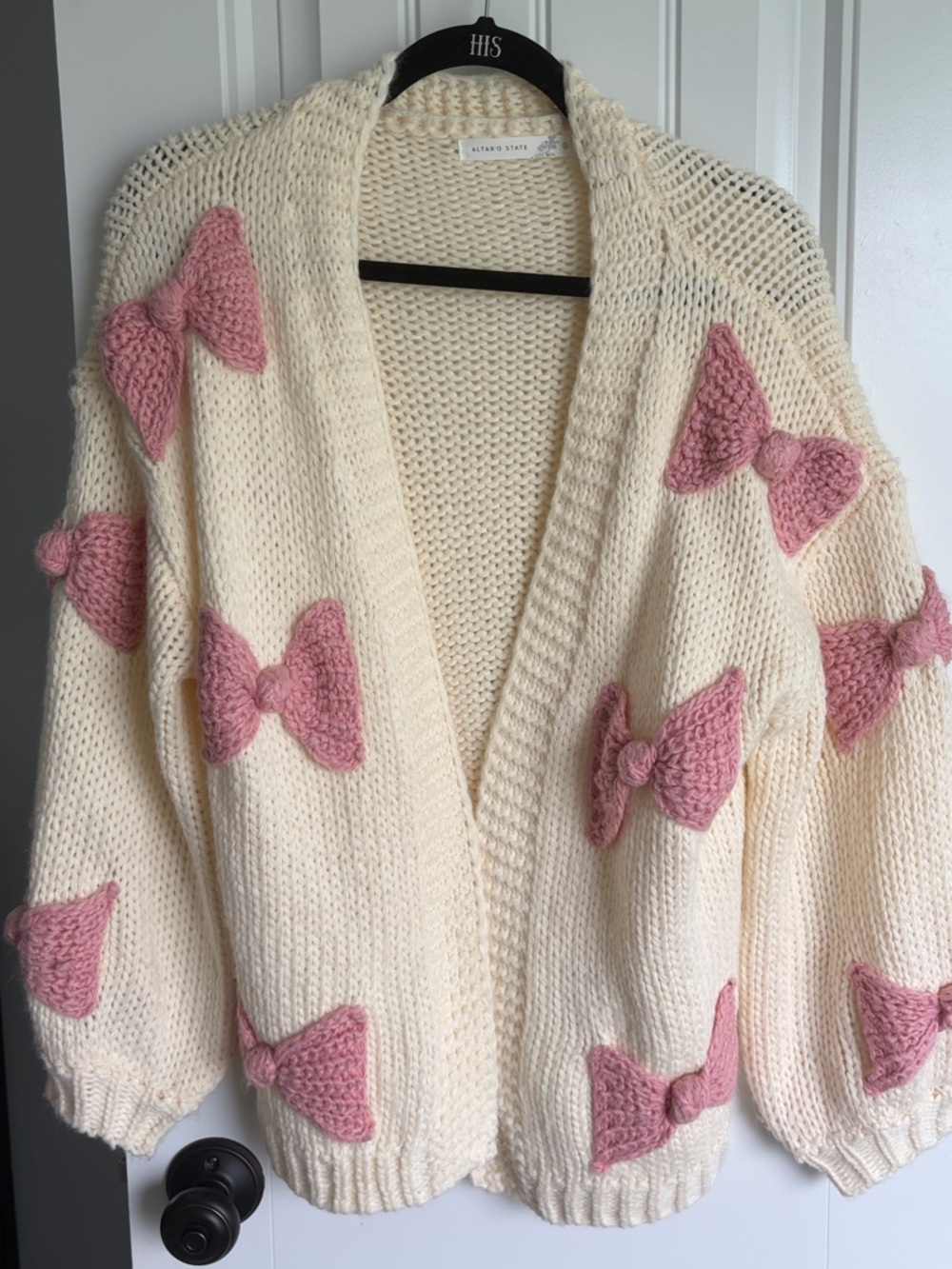 Altar’d State Cream Knit Cardigan with Pink Bow Accents